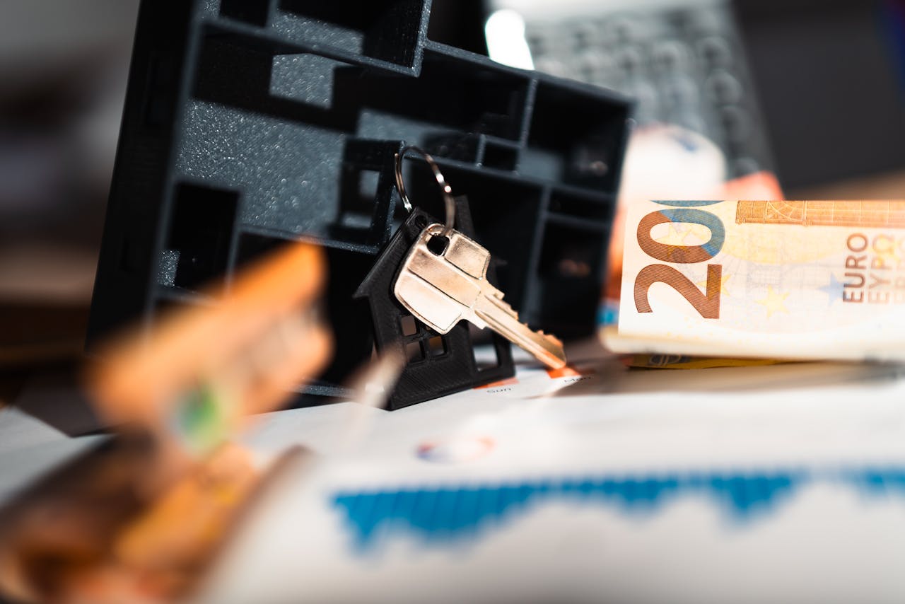 about-02 Keys with a house model, Euro bills, and charts suggesting real estate and financial themes.